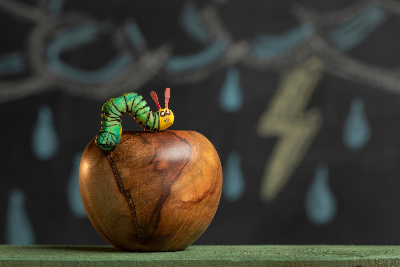 Wooden apples, worm, chalk drawings. 