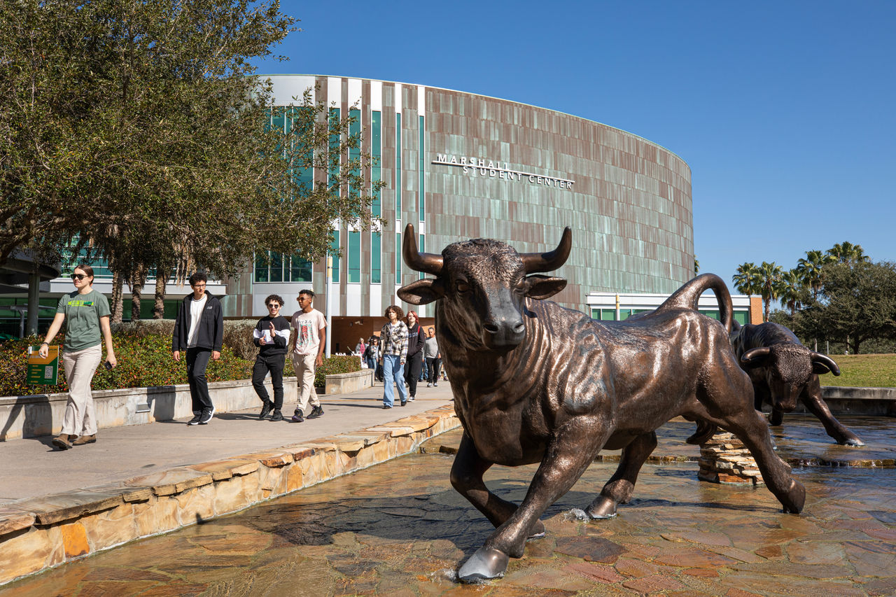 The MSC Plaza at USF with three life size bull statues, University of South Florida Cru ministry