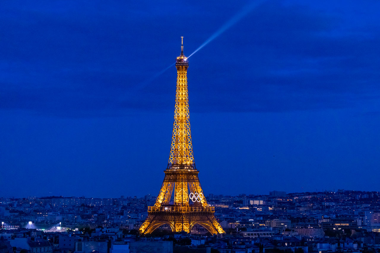 Eiffel Tower at night with Olympic rings