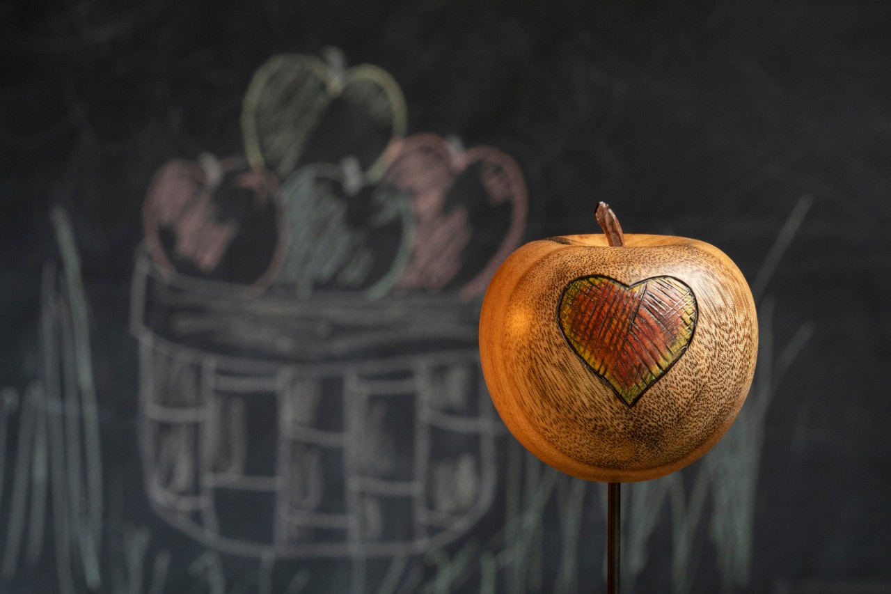 Wooden apples, worm, chalk drawings. 