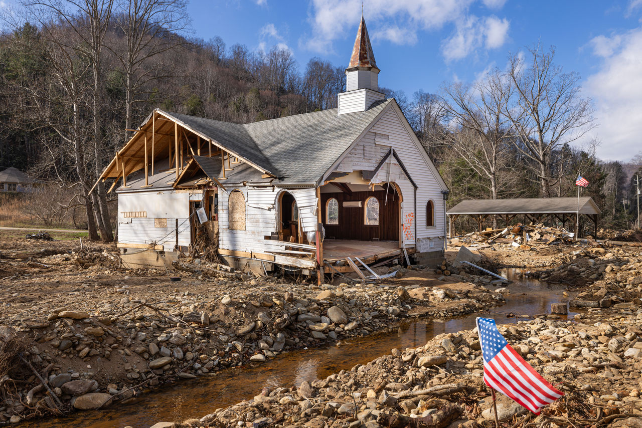 Hurricane Helene damage in Swannanoa, NC. Ryan and Amy Geist Cru Lifelines staff  and students rebuilding homes. Beetree Christian Church. 